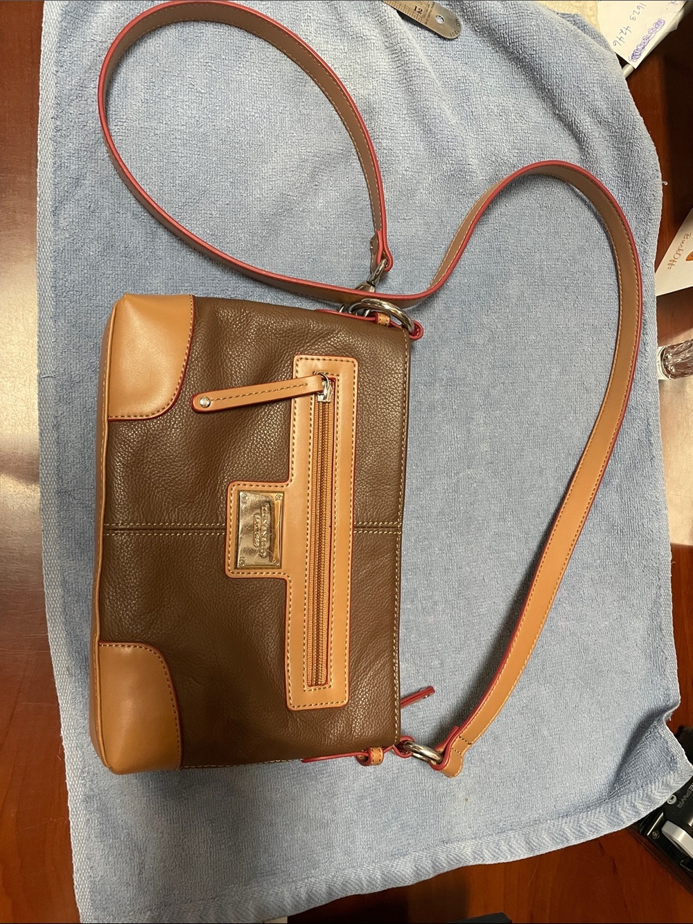 Tignanello Tan and Brown Leather Crossbody with Striped Lining